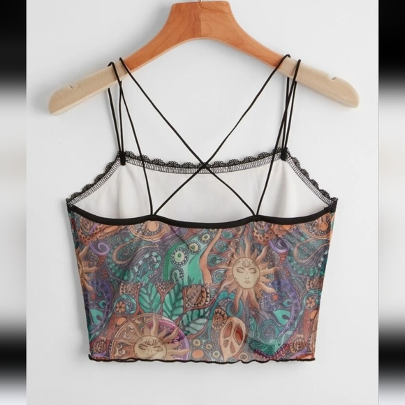 Romwe~ Celestial Whimsigoth Lace Trim Crisscross Crop Tank Top L/XL - Picture 9 of 11